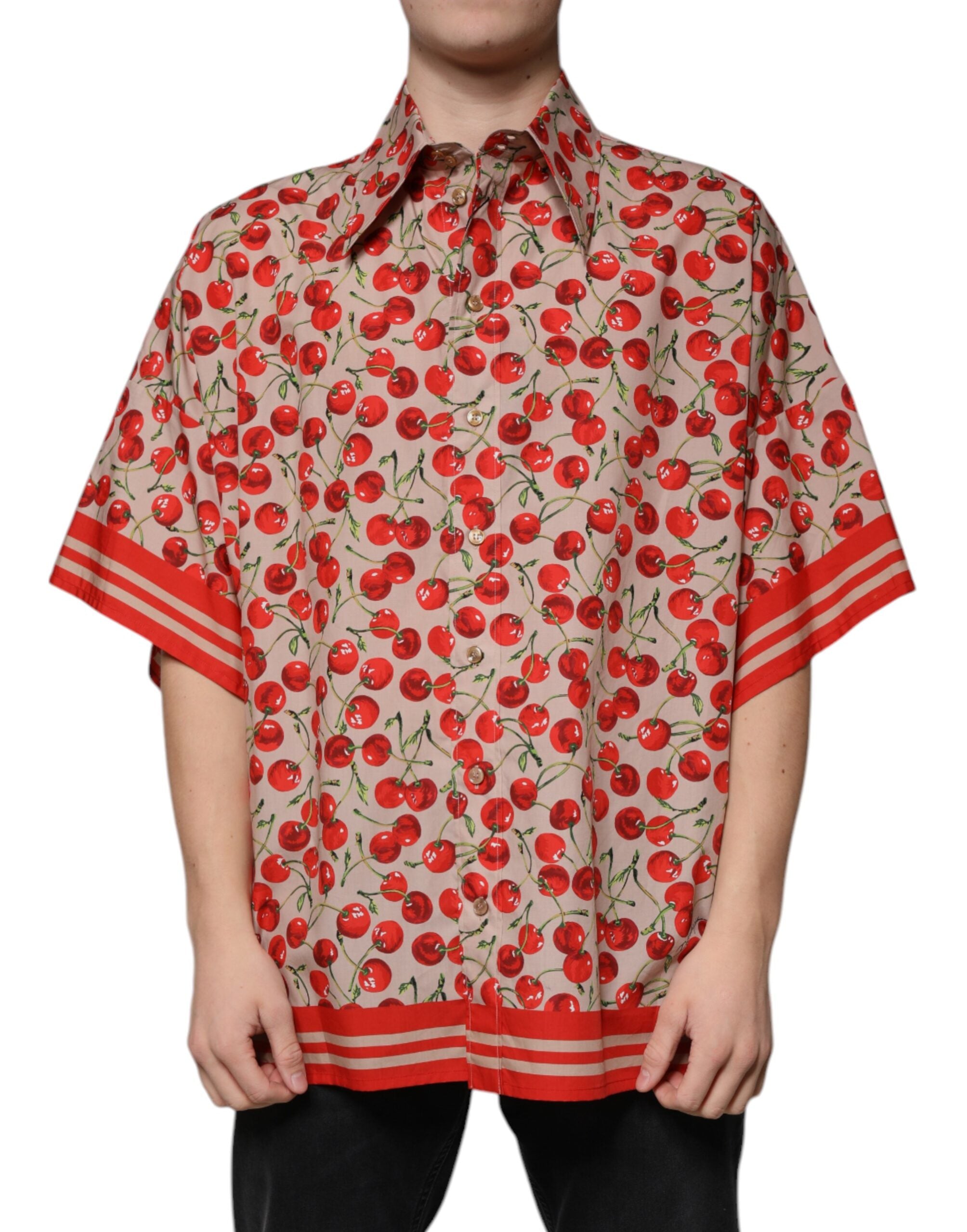 Dolce & Gabbana Beige Cherry Button Down Men's Casual Shirt